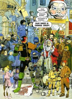 Christmas card 1992.
In group on the right is Brian Bolland - best ever Dredd artist - carrying christmas tree.